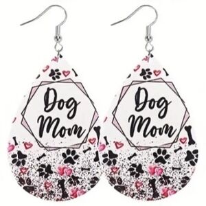 Faux Leather Earings, Dog Mom, blk, white, pink paws & bones 🐾 NWT